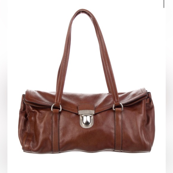 Vintage Prada Brown Buffalo Easy Flap Fold Over Barrel Bag Leather Purse - Picture 1 of 13